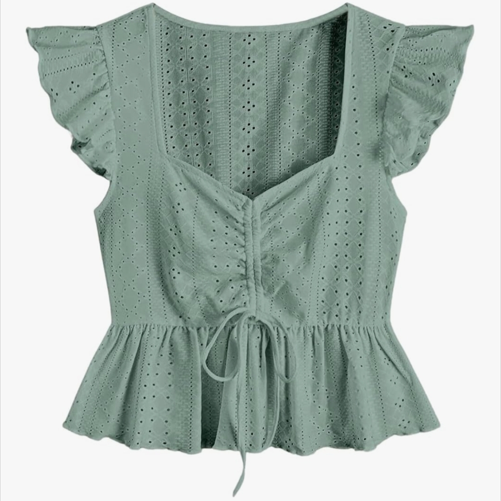 Sweatyrocks Green Peplum Ruffle Sleeve Top Sweetheart Neckline #018